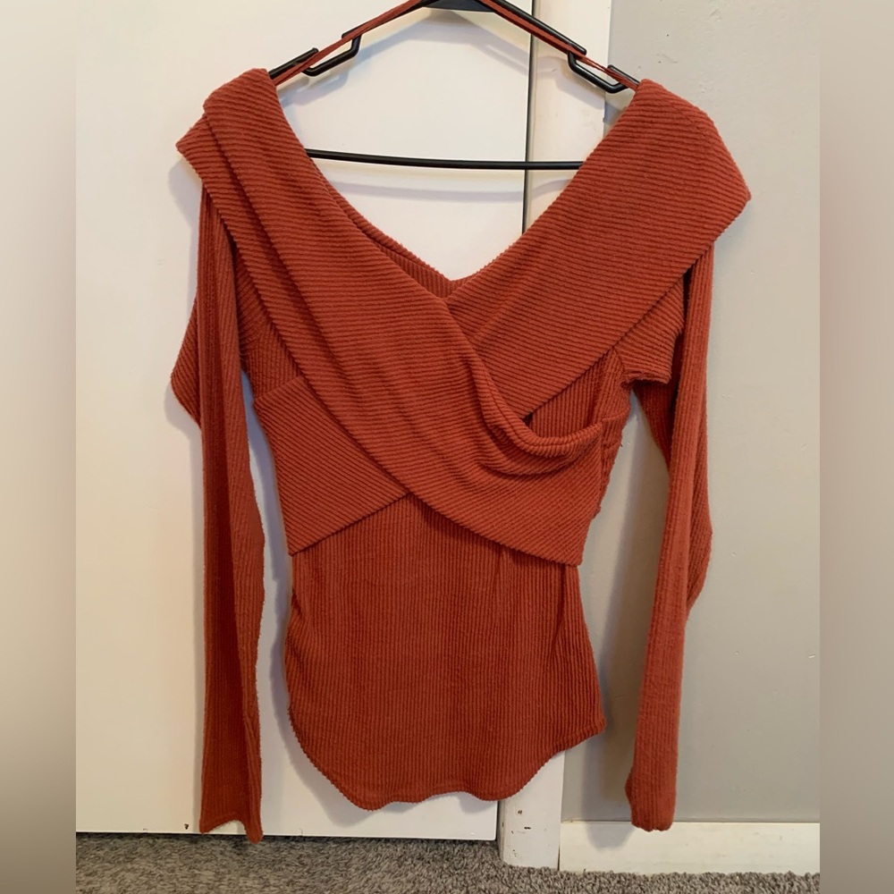 Free People Rust Knit Off-Shoulder Long Sleeve Top